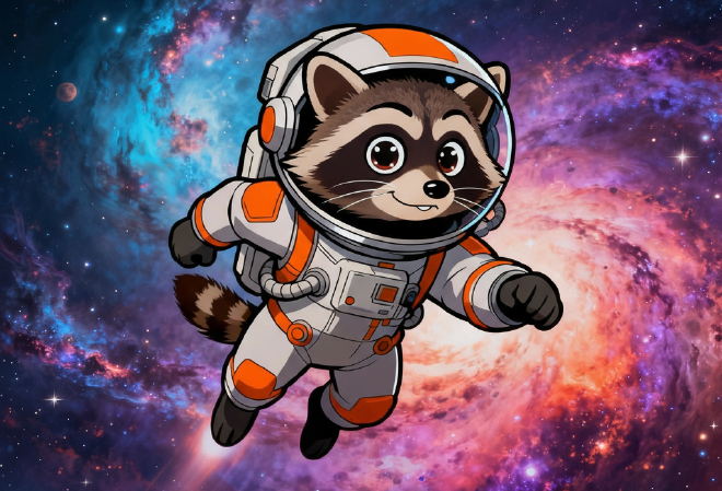 The "Resolute Raccoon" in a space scene.
